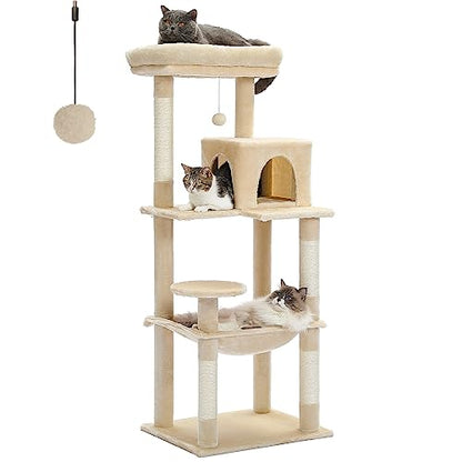 PETEPELA 56.3 Inches Multi-Level Cat Tree Cat Tower with Sisal Covered Scratching Posts, Comfort Condo, Extra Large Hammock and Plush Perches Beige