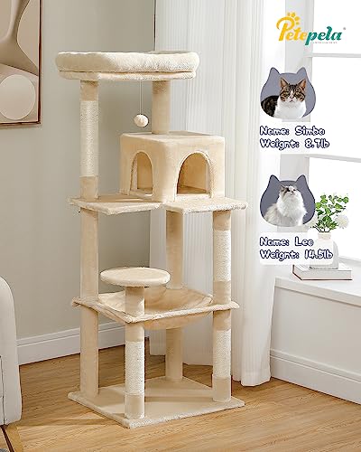 PETEPELA 56.3 Inches Multi-Level Cat Tree Cat Tower with Sisal Covered Scratching Posts, Comfort Condo, Extra Large Hammock and Plush Perches Beige