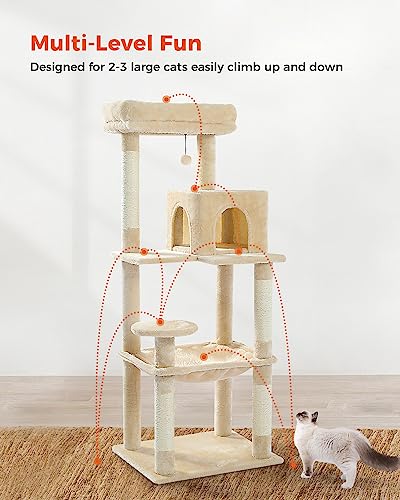 PETEPELA 56.3 Inches Multi-Level Cat Tree Cat Tower with Sisal Covered Scratching Posts, Comfort Condo, Extra Large Hammock and Plush Perches Beige