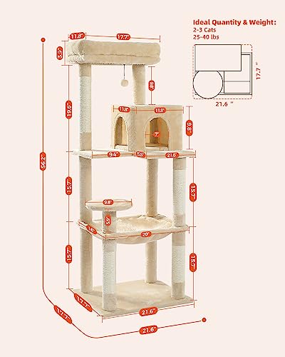 PETEPELA 56.3 Inches Multi-Level Cat Tree Cat Tower with Sisal Covered Scratching Posts, Comfort Condo, Extra Large Hammock and Plush Perches Beige