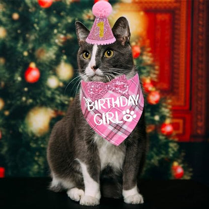 STMK Cat Birthday Party Supplies, Cat Birthday Hat with Birthday Number Cat Birthday Bandana Girl Bow Tie Collar Cat Birthday Outfits for Cat Kitten Birthday Decorations