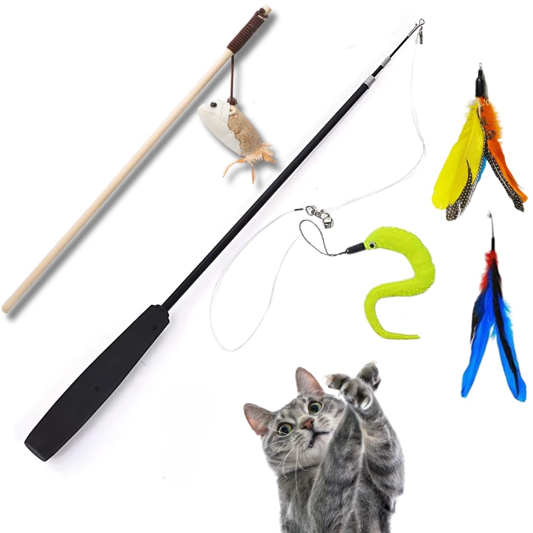 Kaligon All In One Interactive Cat Toys Wands Set - One Retractable Feather Teaser Cat Toy 3pcs Refills (3 section) + Wooden Stick Kitten Toy Wand Teasing Pet Toy (2 x Cat Toy Teaser Wands Set)