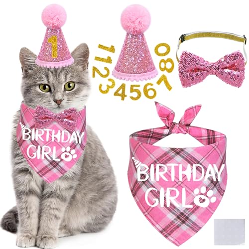 STMK Cat Birthday Party Supplies, Cat Birthday Hat with Birthday Number Cat Birthday Bandana Girl Bow Tie Collar Cat Birthday Outfits for Cat Kitten Birthday Decorations