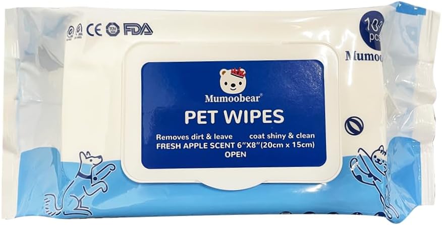 Mumoo Bear 100Pcs/1Pack Dog Wipes Pet Wipes Cat Grooming Supplies for Paws, Butt, Ear, Skin, Eye, Body Cleaning Bath Stain Odor Remover, Home or Travel Use(Unscented)