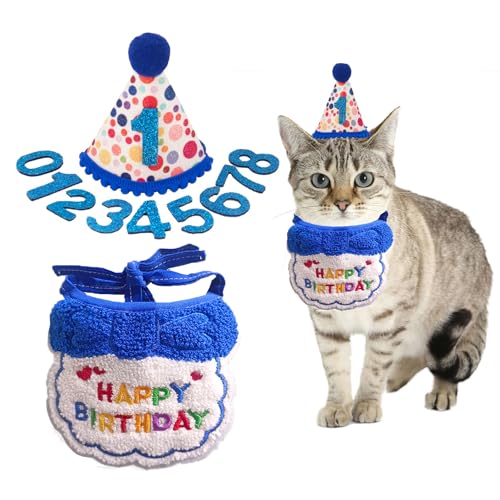 Cat Birthday Party Supplies,2 Pieces Pet Birthday Hat Scarf Set,Cute Cat Bandanas Kitten Costumes Headwear Bib Accessories,Birthday Party Decorations Set for Girls Boys Pets Puppy with Age Number,Blue