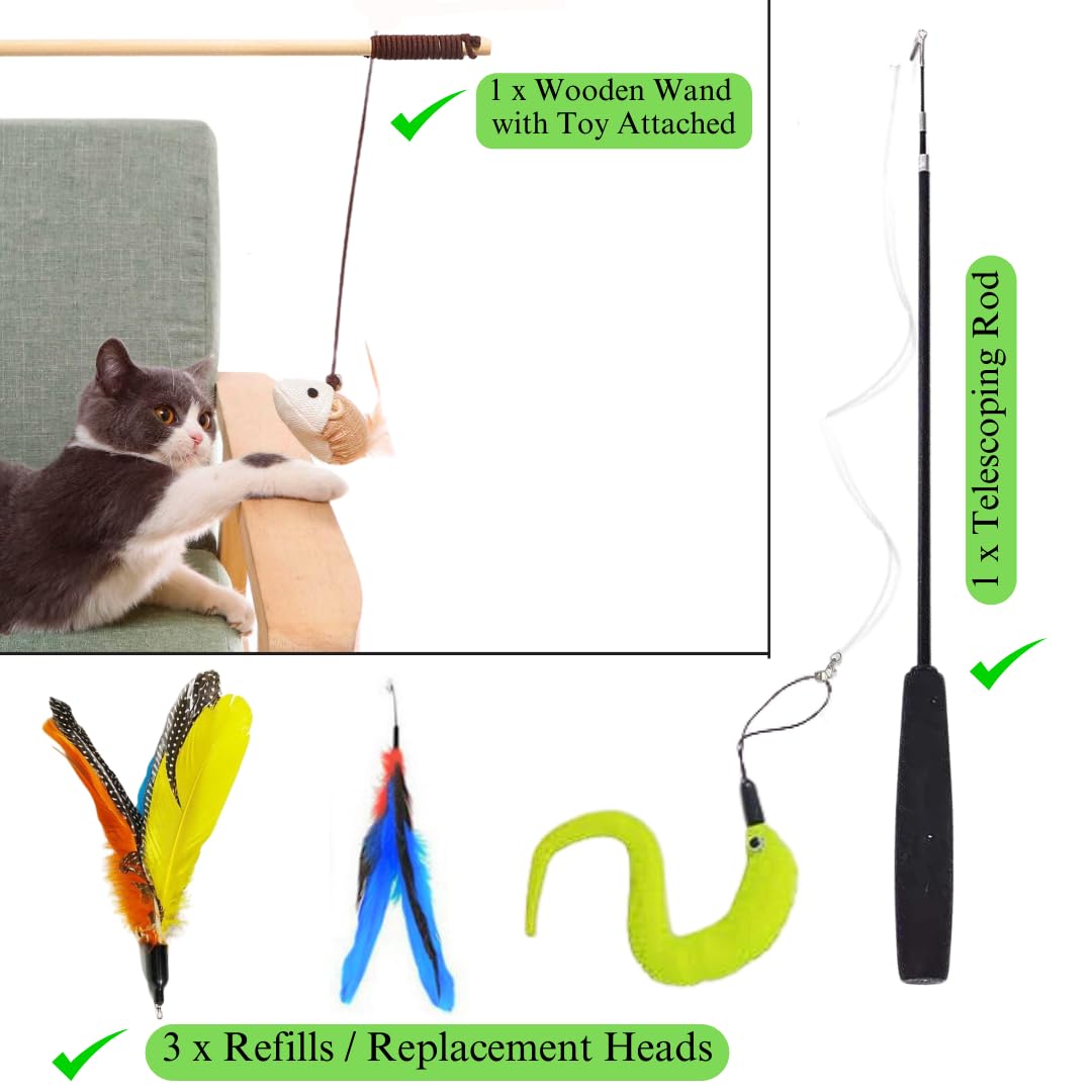 Kaligon All In One Interactive Cat Toys Wands Set - One Retractable Feather Teaser Cat Toy 3pcs Refills (3 section) + Wooden Stick Kitten Toy Wand Teasing Pet Toy (2 x Cat Toy Teaser Wands Set)