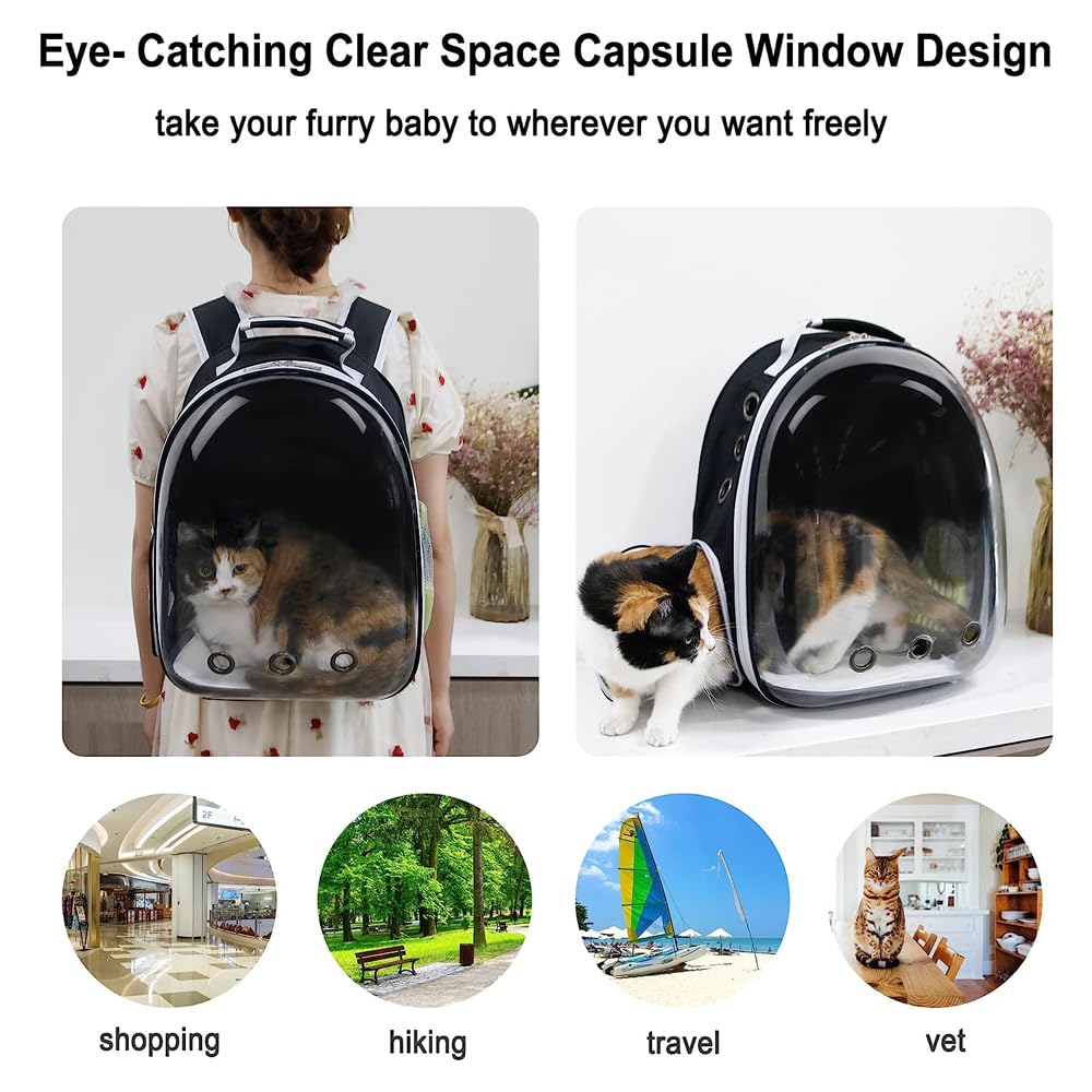 NeoStyle Cat Carrier Bubble Bag, Transparent Breathable Capsule Backpack, Pet Convenient Carrier Bag for Small and Medium Cats Dogs. Hiking, outdoor use (Black)