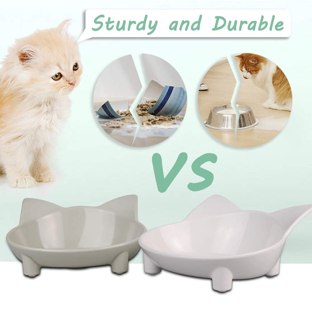 Cat Bowl Anti-slip Cat Food Feeding Water Bowl Multi-purpose Double Pet Feeding Bowl 2Pack (White/Grey)