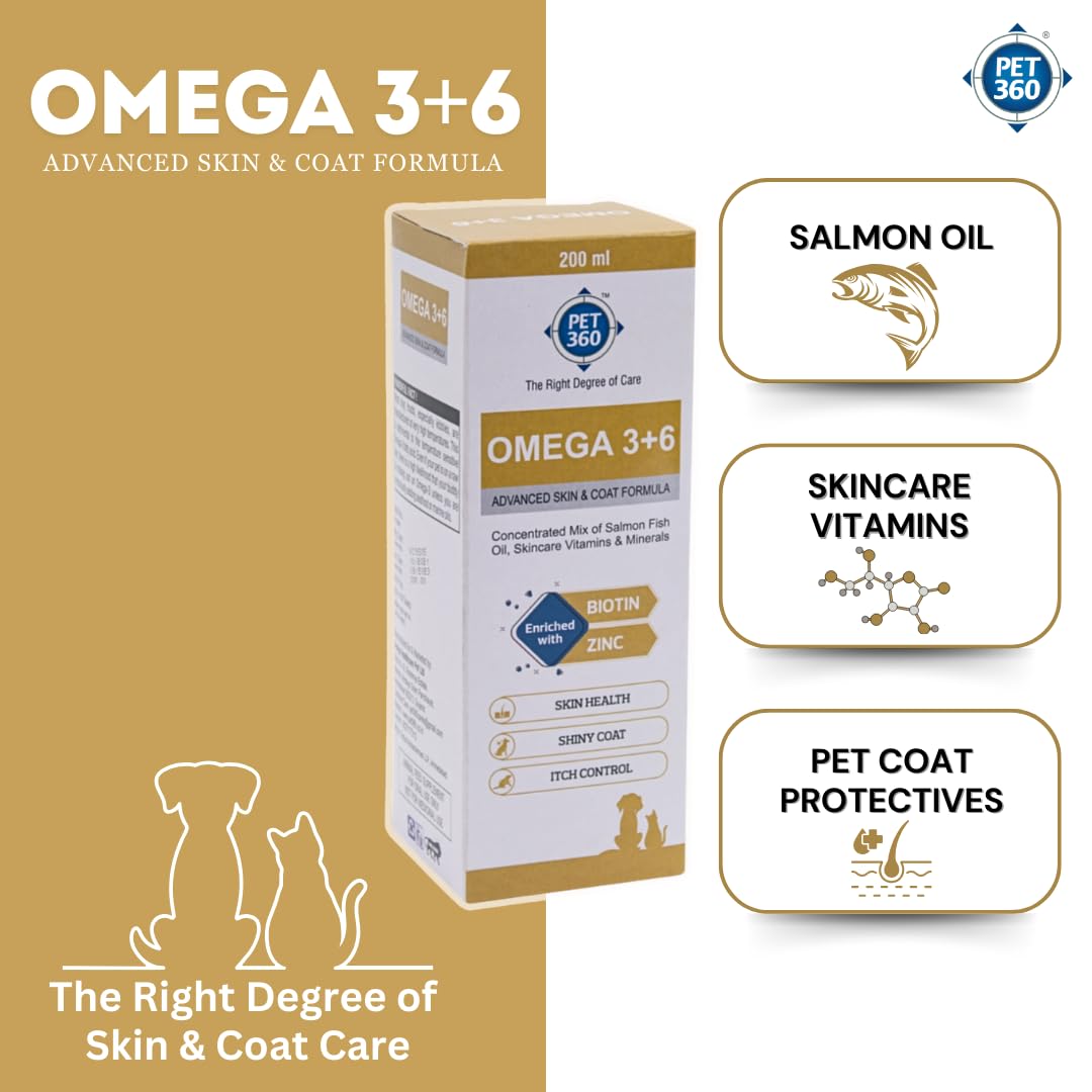 PET360 Omega 3+6 Concentrated Salmon Fish Oil for Dogs & Cats with Vitamins & Minerals | Shinier Coat, Itch & Allergy Control | Improves Skin & Hair Health | Nutritional Supplement for Pets - 200 ml