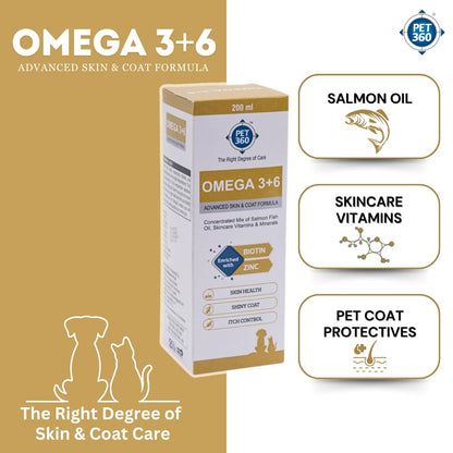 PET360 Omega 3+6 Concentrated Salmon Fish Oil for Dogs & Cats with Vitamins & Minerals | Shinier Coat, Itch & Allergy Control | Improves Skin & Hair Health | Nutritional Supplement for Pets - 200 ml