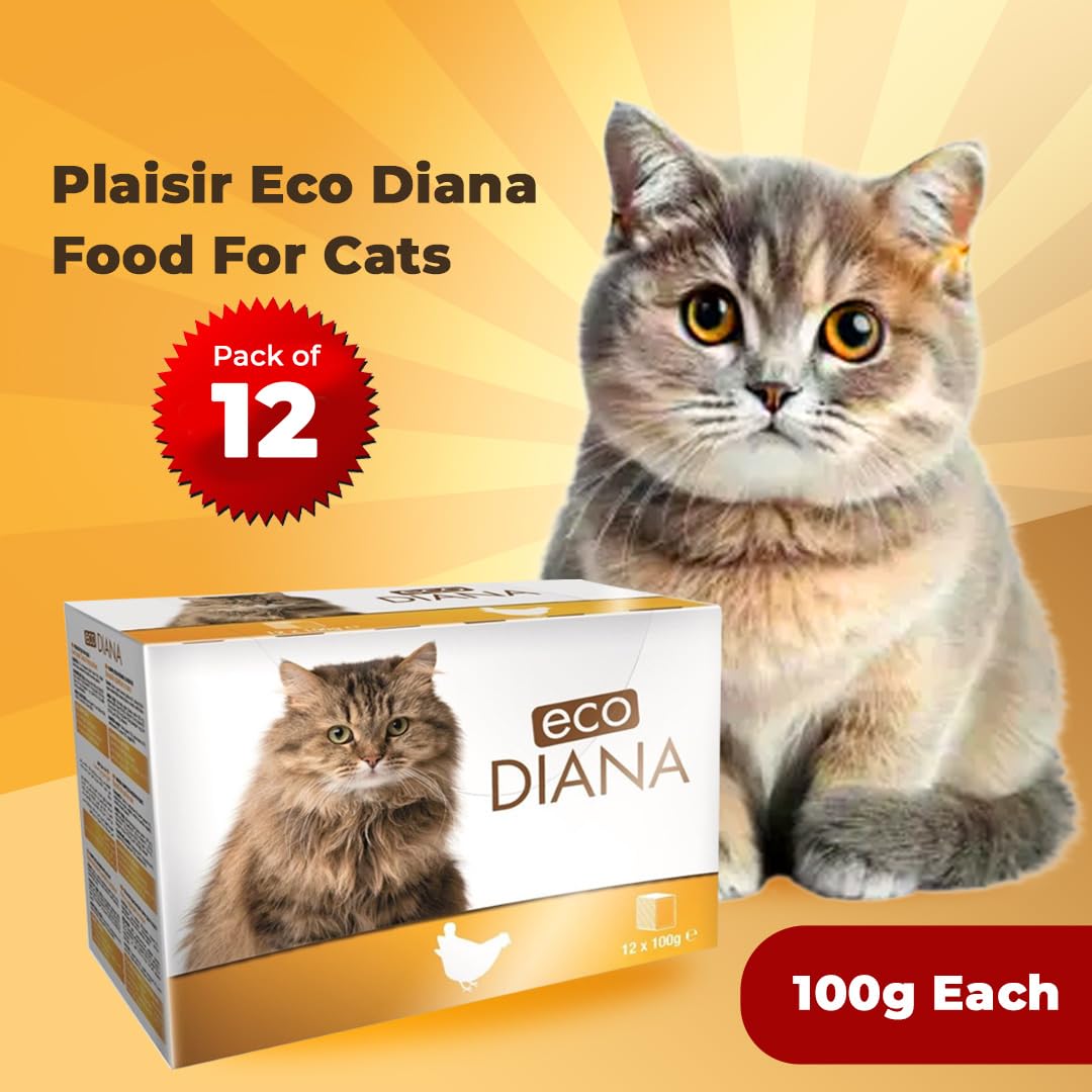 Plaisir Eco Diana Food For Cats, 12 Pouches Of 100G, Delicious Chunks With chicken In Gravy, Full Of Nutrition- Multicolour