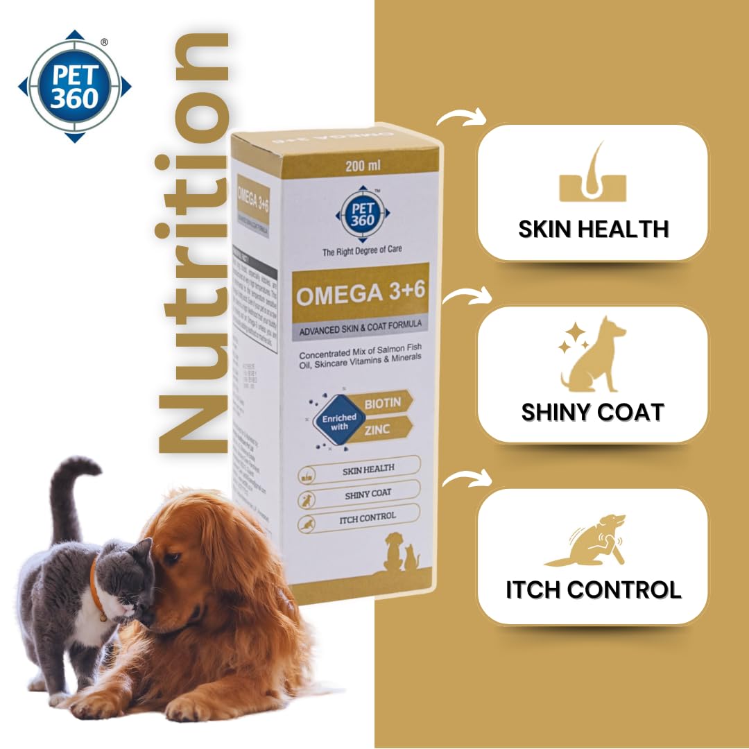 PET360 Omega 3+6 Concentrated Salmon Fish Oil for Dogs & Cats with Vitamins & Minerals | Shinier Coat, Itch & Allergy Control | Improves Skin & Hair Health | Nutritional Supplement for Pets - 200 ml