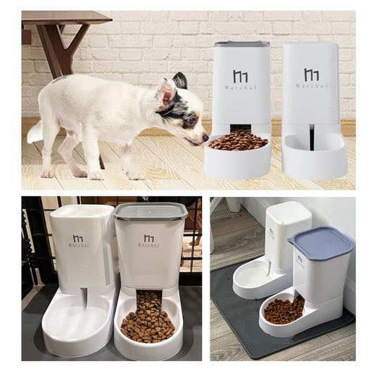 Marchul Cat Feeder and Water Dispenser Set, Automatic Cat Food Dispenser and Gravity Dog Water Bowl Dispenser with Pet Food Scoop Sponge Bottle Brush, Big Capacity 3.8 L