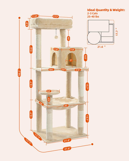 PETEPELA 56.3 Inches Multi-Level Cat Tree Cat Tower with Sisal Covered Scratching Posts, Comfort Condo, Extra Large Hammock and Plush Perches Beige