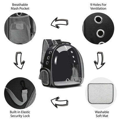 NeoStyle Cat Carrier Bubble Bag, Transparent Breathable Capsule Backpack, Pet Convenient Carrier Bag for Small and Medium Cats Dogs. Hiking, outdoor use (Black)