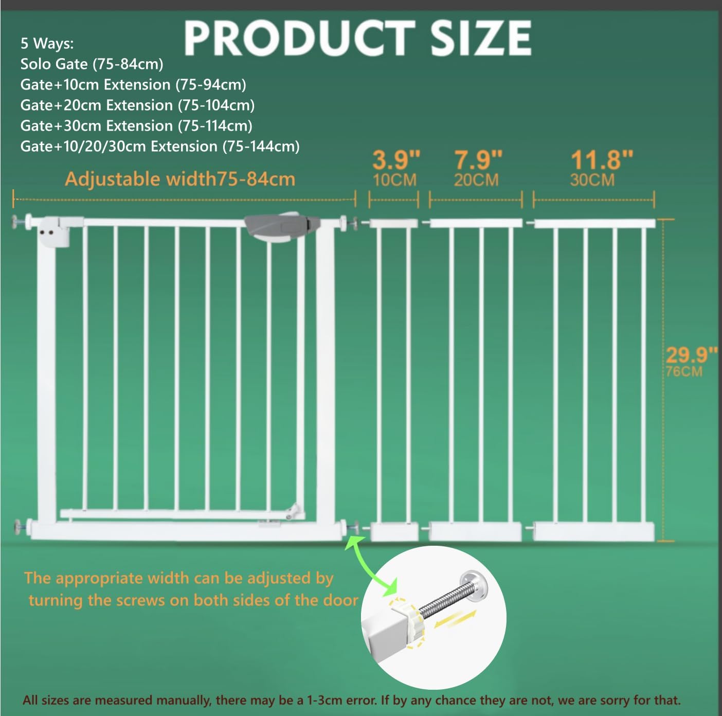 SKY-TOUCH Auto Close Safety Baby Gate, Extra Wide Child Gate 75-84cm + 10/20/30cm Extension Kit Maximum Suitable For 144cm, Baby Gates for Stairs & Doorways, Easy Install (75-144cm wide)