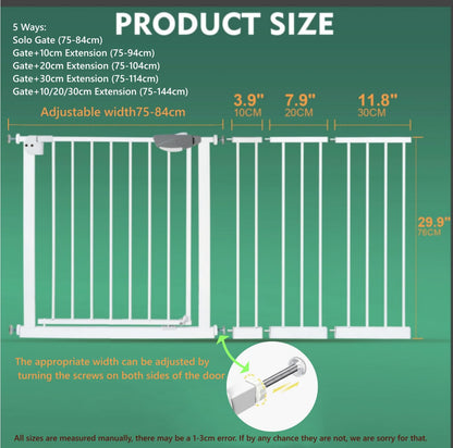 SKY-TOUCH Auto Close Safety Baby Gate, Extra Wide Child Gate 75-84cm + 10/20/30cm Extension Kit Maximum Suitable For 144cm, Baby Gates for Stairs & Doorways, Easy Install (75-144cm wide)