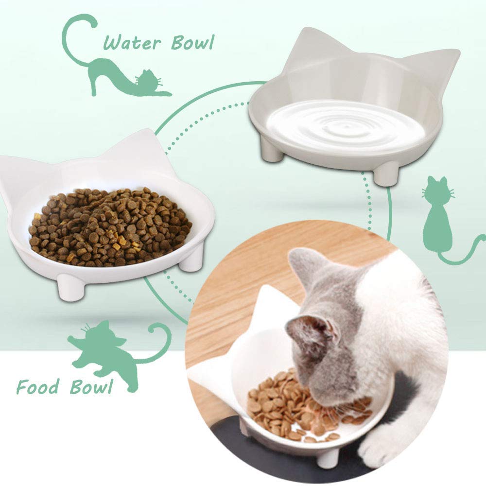 Cat Bowl Anti-slip Cat Food Feeding Water Bowl Multi-purpose Double Pet Feeding Bowl 2Pack (White/Grey)