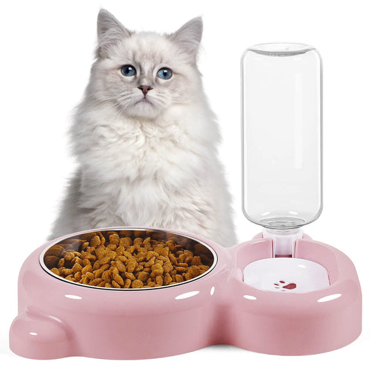 Azwraith Double Dog Cat Bowls, Pet Water and Food Bowl Set with Automatic Water Dispenser Bottle Detachable Stainless Steel Bowl No-Spill for Cat and Small Dog