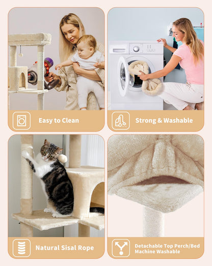 PETEPELA 56.3 Inches Multi-Level Cat Tree Cat Tower with Sisal Covered Scratching Posts, Comfort Condo, Extra Large Hammock and Plush Perches Beige