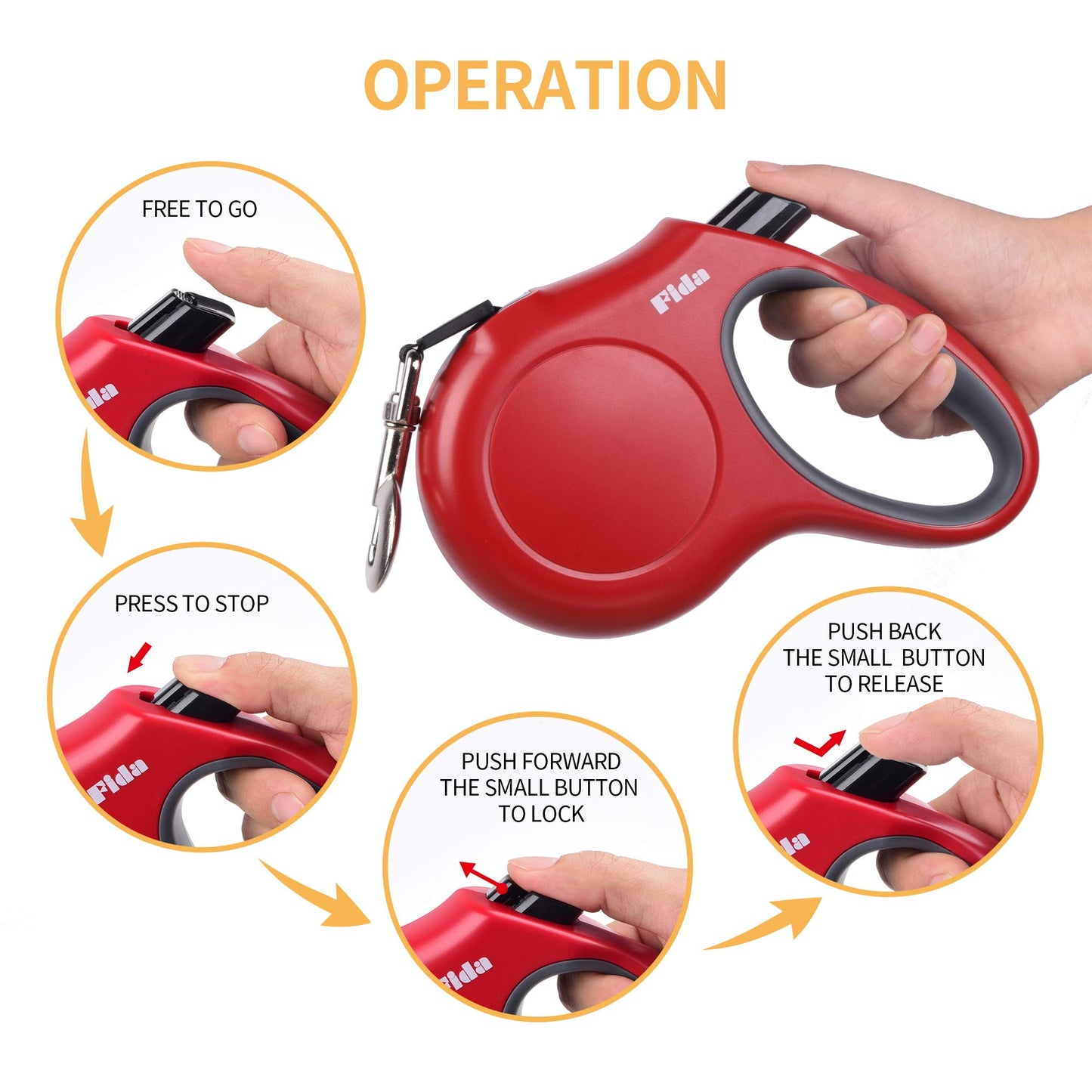 Fida Retractable Dog Leash for Large up to 50kg, JFA Series, 16ft Tape Red