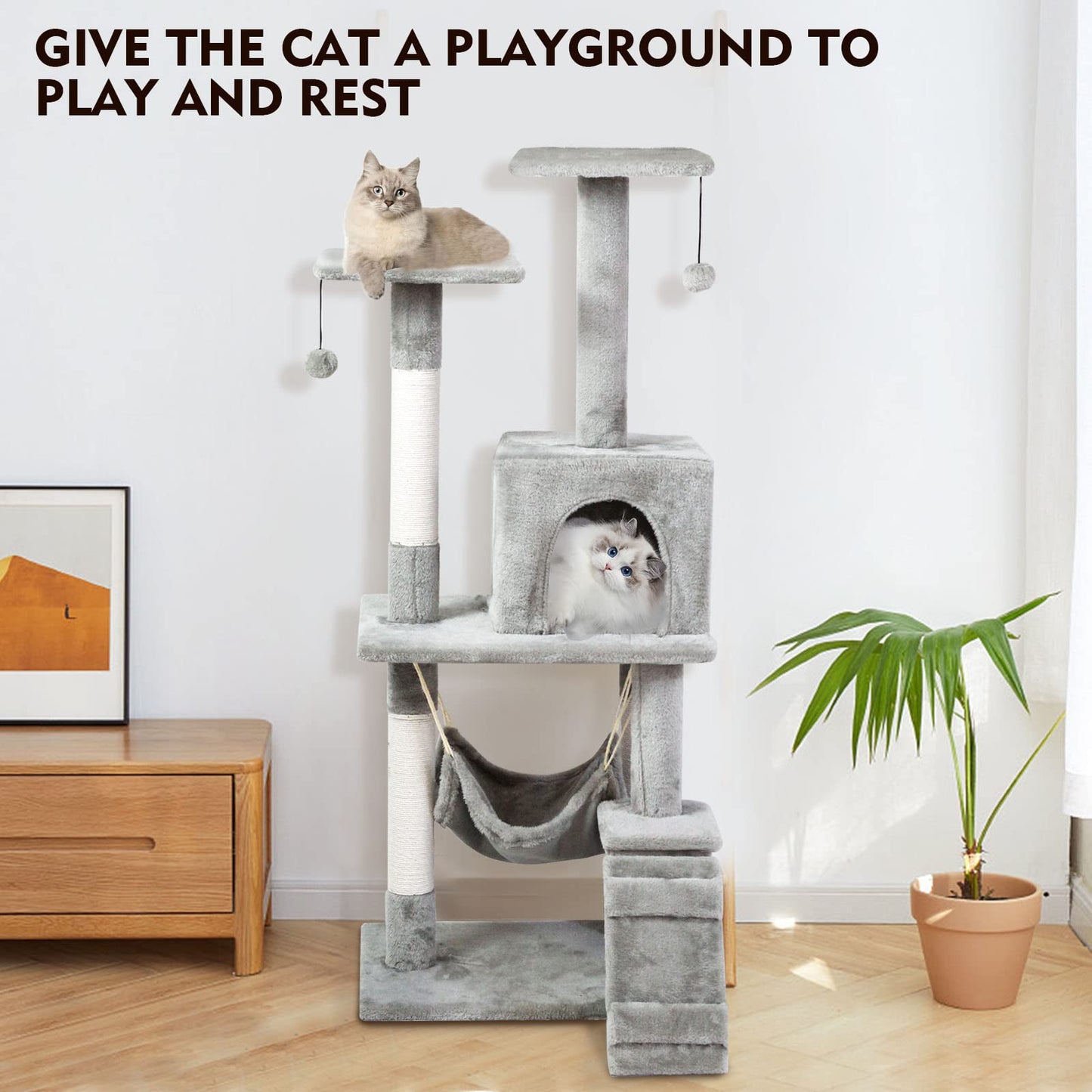 SKY-TOUCH Cat Tree Tower｜Durable Cat Condo with Sisal Scratching Posts｜Cozy Cat House,｜Ladder & Resting Platforms for Indoor Use | Assembly accessories｜120×49×39cm,Gray