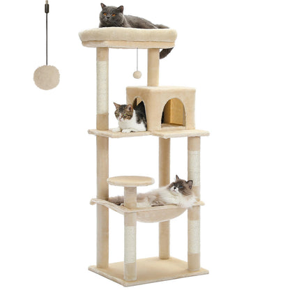 PETEPELA 56.3 Inches Multi-Level Cat Tree Cat Tower with Sisal Covered Scratching Posts, Comfort Condo, Extra Large Hammock and Plush Perches Beige