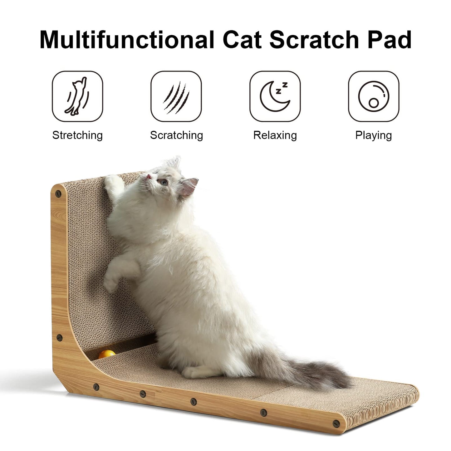 FUKUMARU Cat Scratcher, 26.8 Inch L Shape Cat Scratch Pad Wall Mounted, Cat Scratching Cardboard with Ball Toy for Indoor Cats