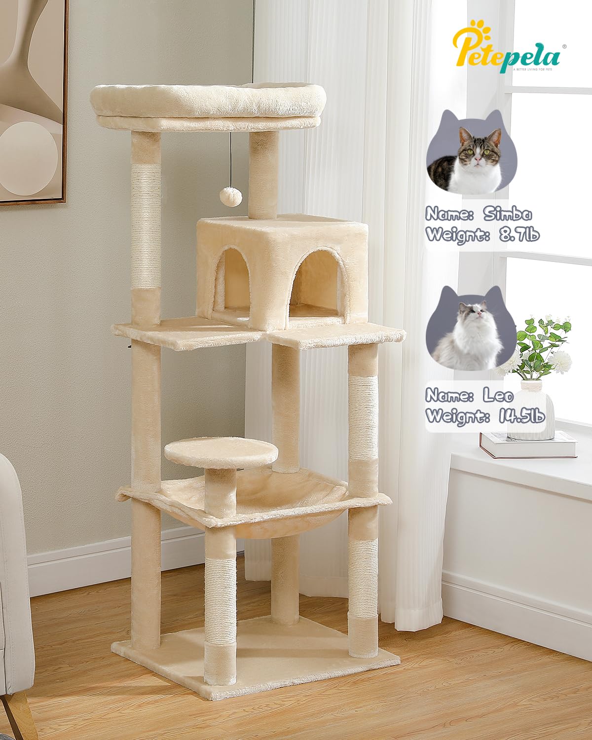 PETEPELA 56.3 Inches Multi-Level Cat Tree Cat Tower with Sisal Covered Scratching Posts, Comfort Condo, Extra Large Hammock and Plush Perches Beige