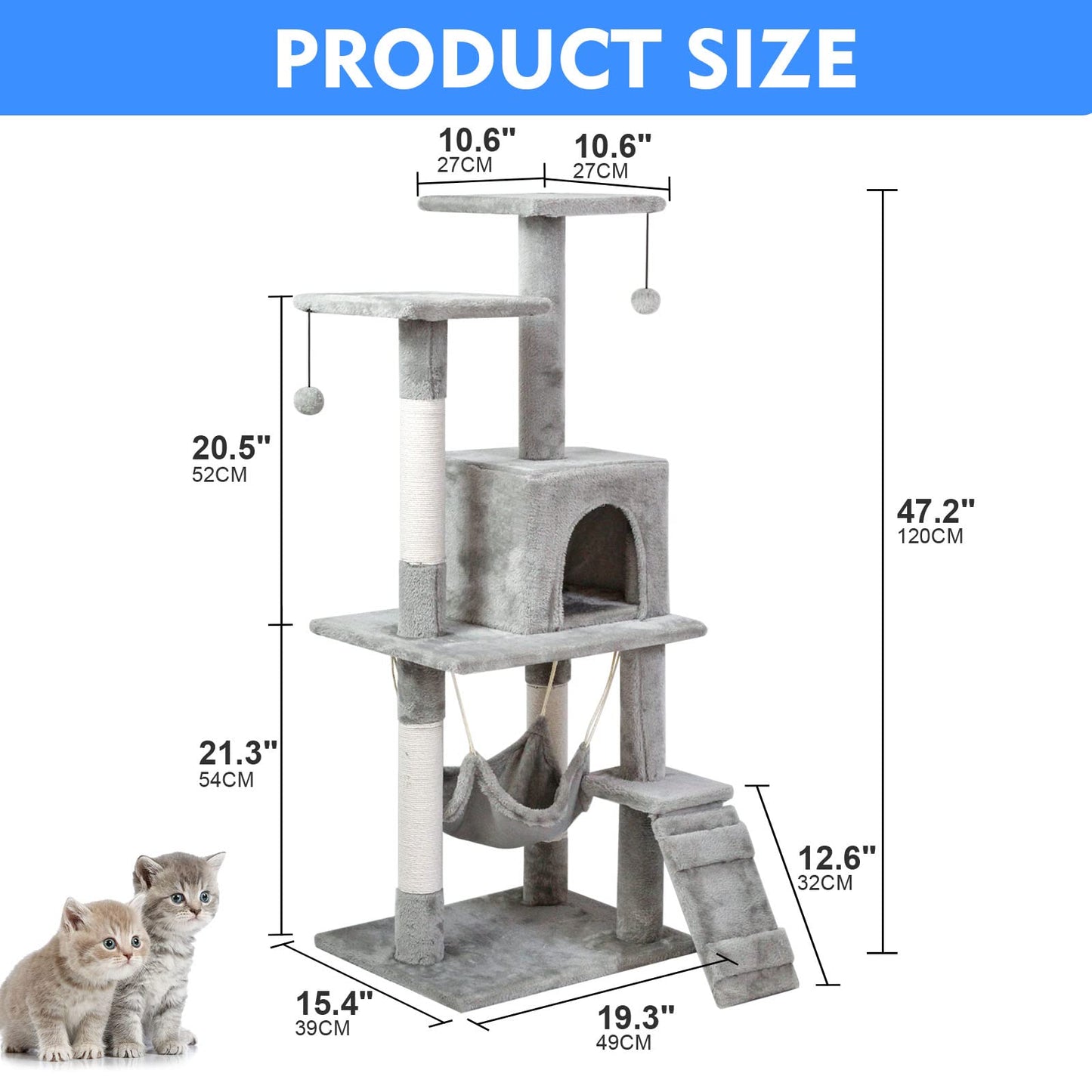 SKY-TOUCH Cat Tree Tower｜Durable Cat Condo with Sisal Scratching Posts｜Cozy Cat House,｜Ladder & Resting Platforms for Indoor Use | Assembly accessories｜120×49×39cm,Gray