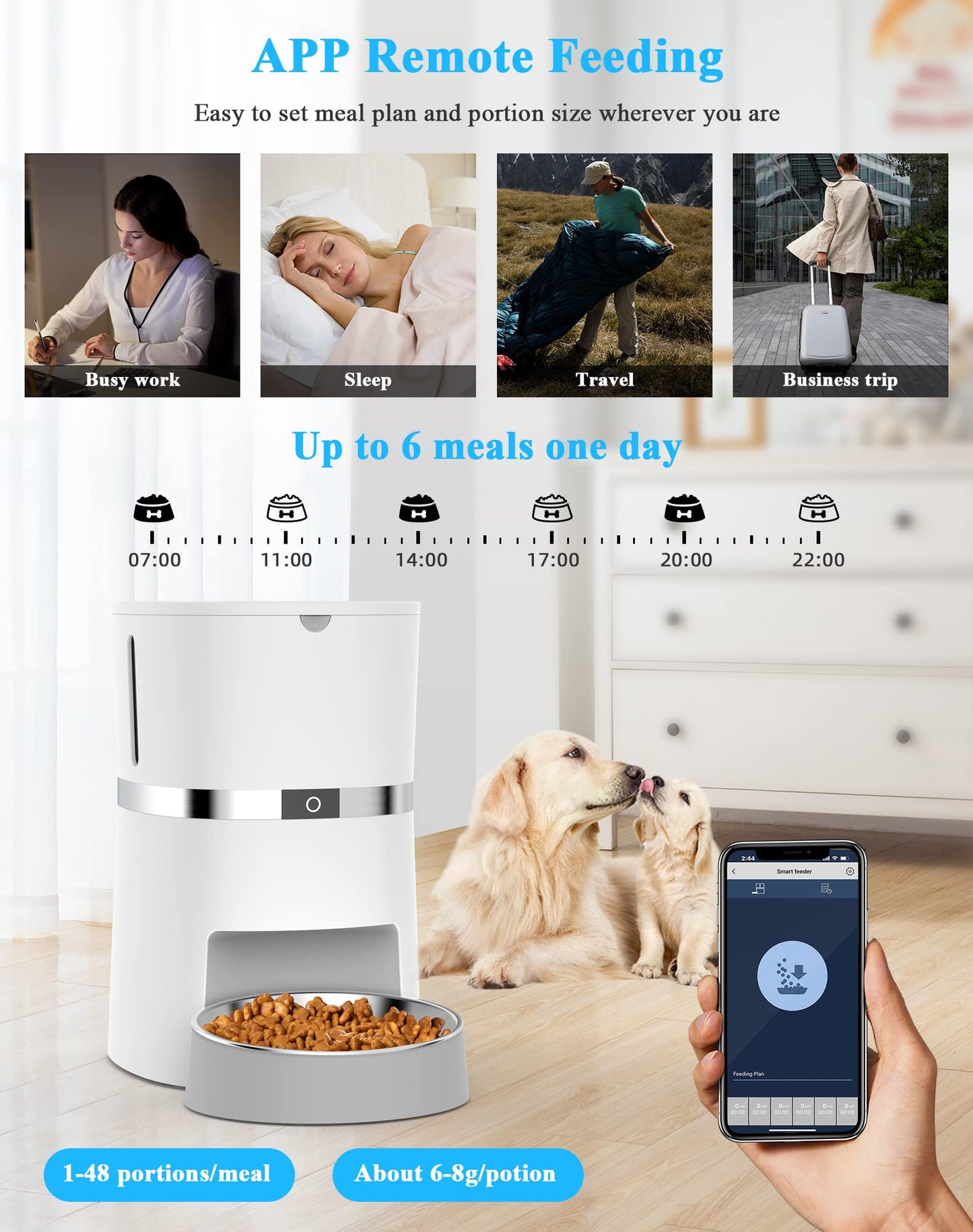 WellToBe Automatic Cat Feeder WiFi Enabled 2.4G Smart Pet Feeder for Cats and Dogs Food Dispenser with Desiccant Bag, Portion Control, Distribution Alarms, Voice Recorder and Low Food Sensor