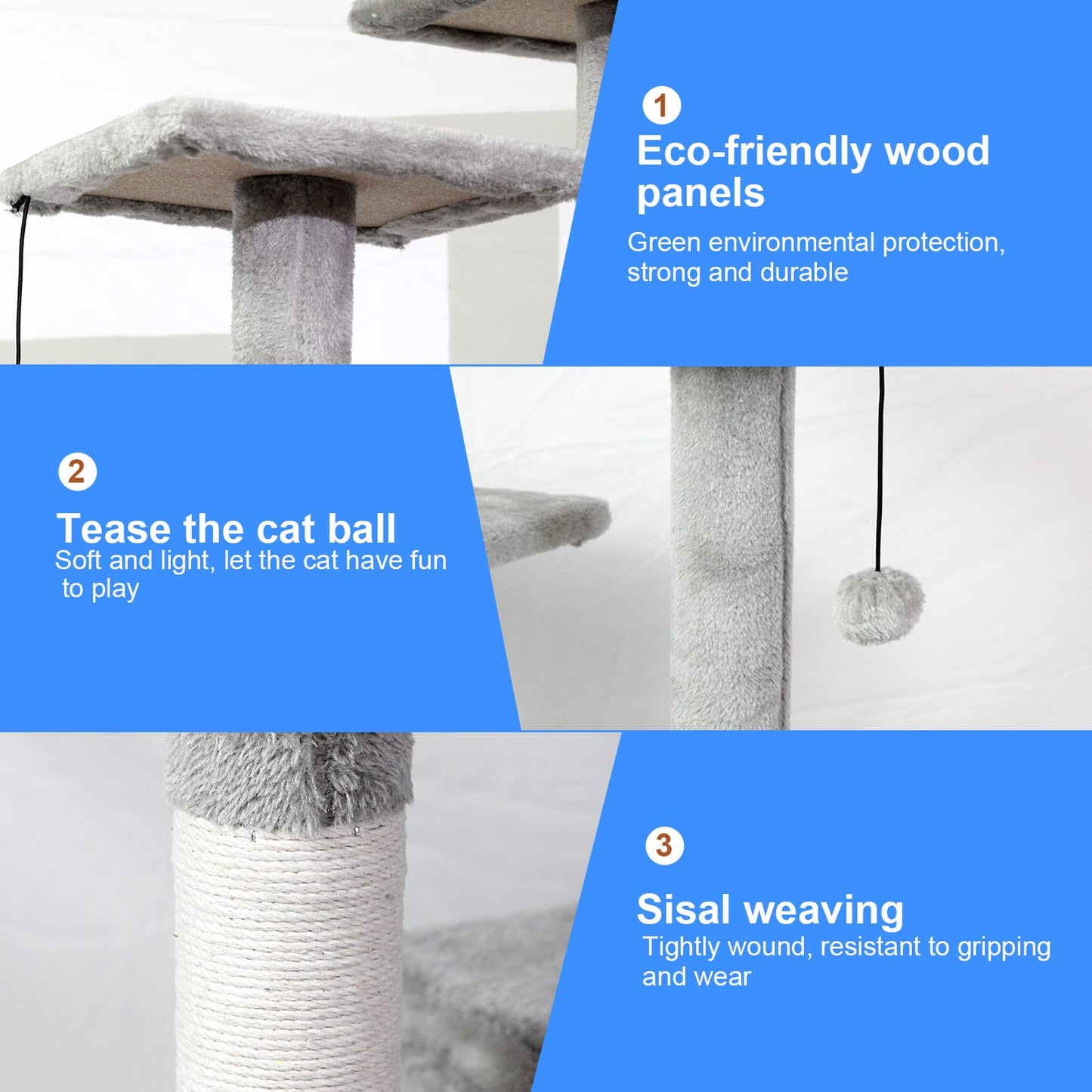 SKY-TOUCH Cat Tree Tower｜Durable Cat Condo with Sisal Scratching Posts｜Cozy Cat House,｜Ladder & Resting Platforms for Indoor Use | Assembly accessories｜120×49×39cm,Gray