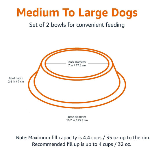 Amazon Basics Stainless Steel Pet Dog Water And Food Bowl, Set of 2 (11 x 3 Inches)