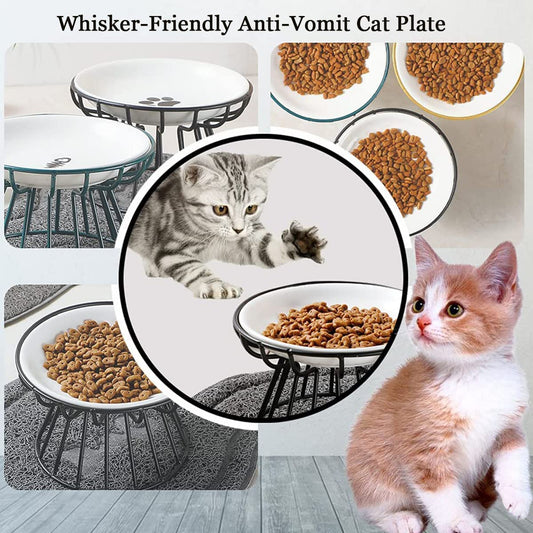 ALEYHA 2023 New Whisker-Friendly Anti-Vomit Cat Plate, Elevated Bowl-Raised Ceramic Cat Bowl with Metal Stand, Food & Water Anti Vomiting Shallow Ceramic Dish for Cat and Small Dogs