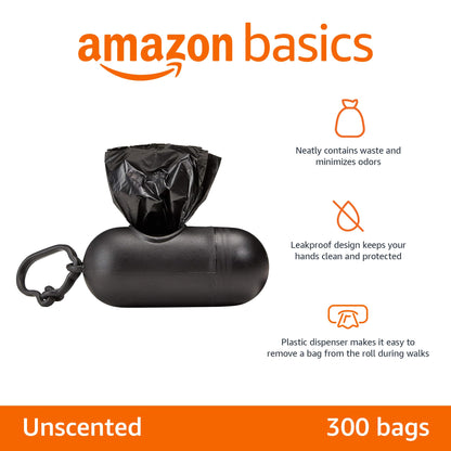 Amazon Basics Standard Dog Poop Bags With Dispenser and Leash Clip, Unscented, 300 Count, 20 Pack of 15, Black, 33 x 22.8 centimeters