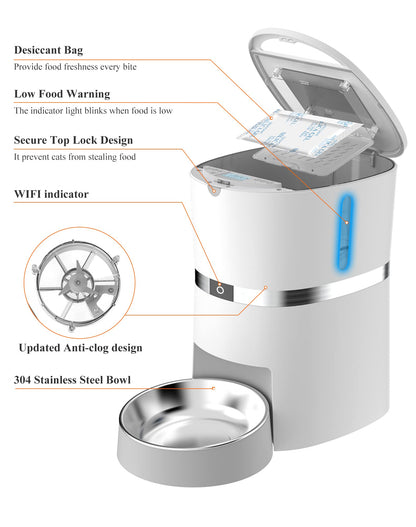 WellToBe Automatic Cat Feeder WiFi Enabled 2.4G Smart Pet Feeder for Cats and Dogs Food Dispenser with Desiccant Bag, Portion Control, Distribution Alarms, Voice Recorder and Low Food Sensor