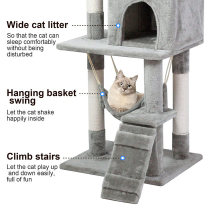 SKY-TOUCH Cat Tree Tower｜Durable Cat Condo with Sisal Scratching Posts｜Cozy Cat House,｜Ladder & Resting Platforms for Indoor Use | Assembly accessories｜120×49×39cm,Gray