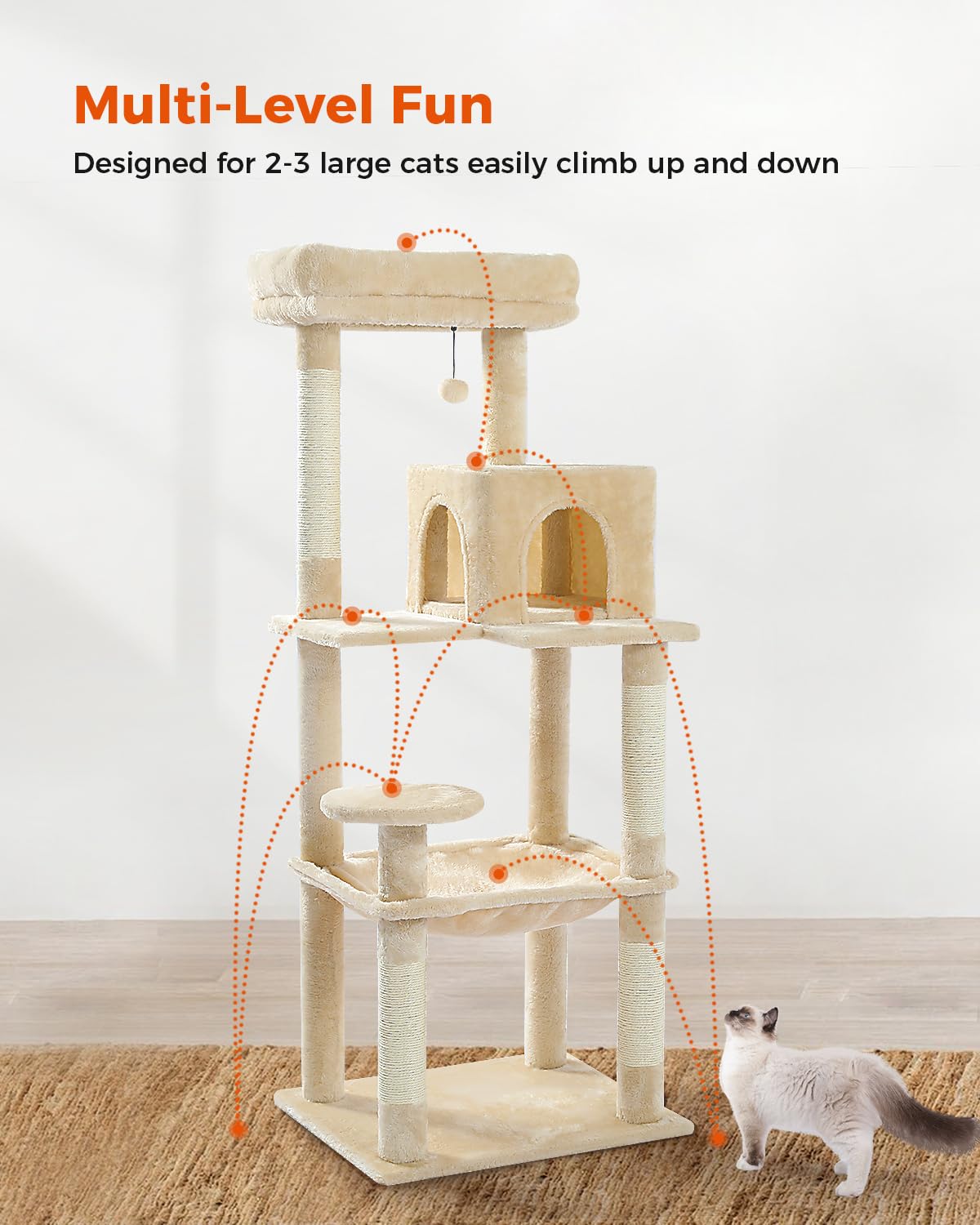 PETEPELA 56.3 Inches Multi-Level Cat Tree Cat Tower with Sisal Covered Scratching Posts, Comfort Condo, Extra Large Hammock and Plush Perches Beige