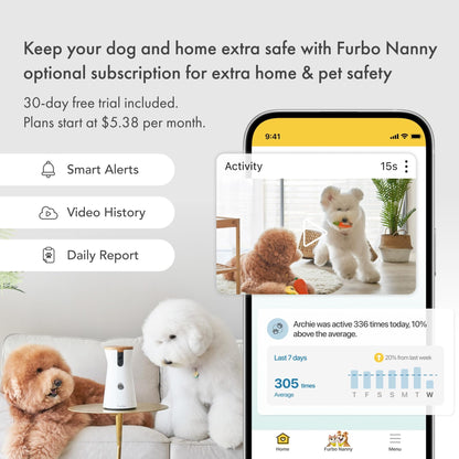 Furbo 360° Dog Camera: Home Security Camera with Barking Alerts, Rotating Pet Treat Camera with Phone App, Smart Home Indoor Puppy Cam with 2-Way Speaker and Night Vision (No Subscription Required)