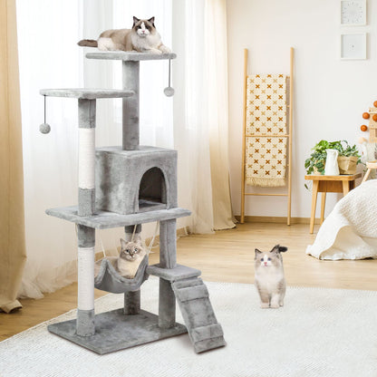 SKY-TOUCH Cat Tree Tower｜Durable Cat Condo with Sisal Scratching Posts｜Cozy Cat House,｜Ladder & Resting Platforms for Indoor Use | Assembly accessories｜120×49×39cm,Gray