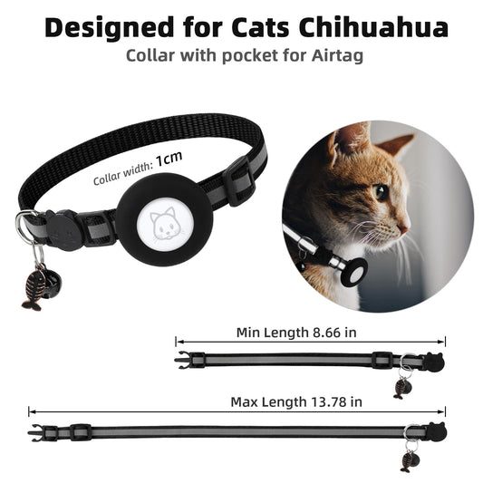 Airtag Cat Collar, Air tag Cat Collar with Bell and Safety Buckle in 3/8" Width, Reflective Collar with Waterproof Airtag Holder Compatible with Apple Airtag for Cat Dog Kitten Puppy (Black)