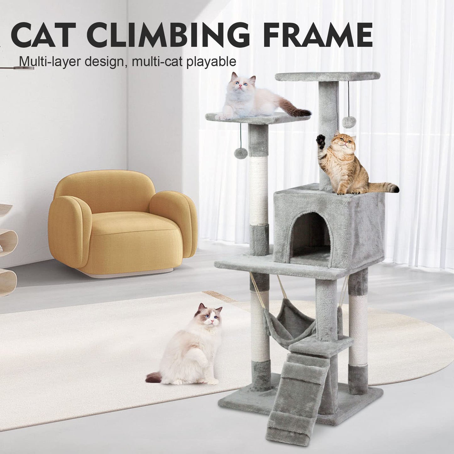 SKY-TOUCH Cat Tree Tower｜Durable Cat Condo with Sisal Scratching Posts｜Cozy Cat House,｜Ladder & Resting Platforms for Indoor Use | Assembly accessories｜120×49×39cm,Gray