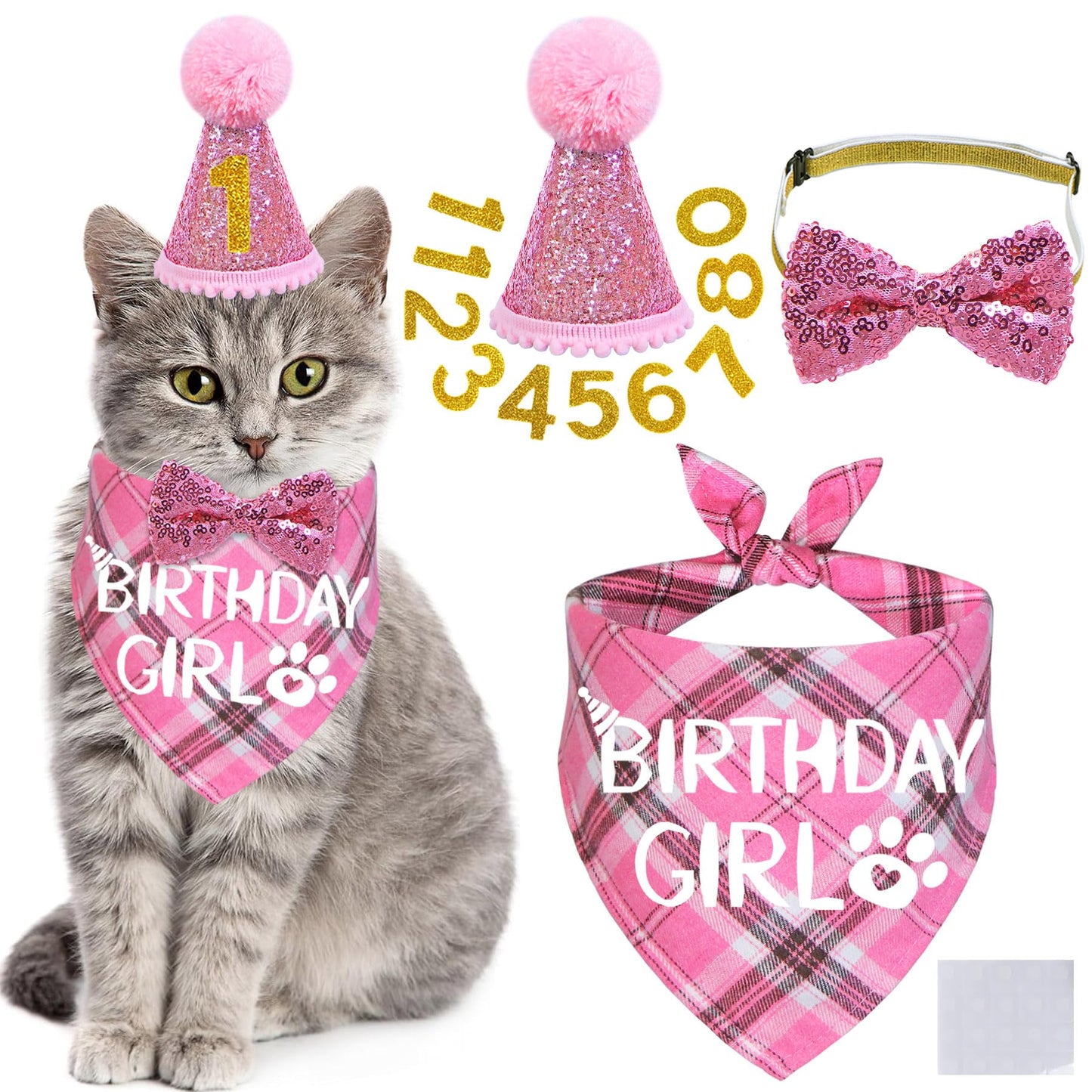 STMK Cat Birthday Party Supplies, Cat Birthday Hat with Birthday Number Cat Birthday Bandana Girl Bow Tie Collar Cat Birthday Outfits for Cat Kitten Birthday Decorations