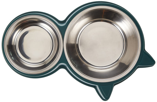 Okbuynow Double Dog Cat Bowls Durable Stainless Steel Pet Bowl With No-Slip Cute Modeling Food Water Feeder For Puppy Medium Pets Dogs Cats Green, Petbowl01-Gn