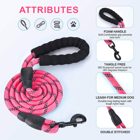 Petmegoo 5ft 1/2in Strong Pink Dog Leash for Large Dogs & Medium Size Dogs - Highly Reflective Heavy Duty Dog Rope Leash with Soft Padded Anti-Slip Handle- for 18-120 lbs Dogs