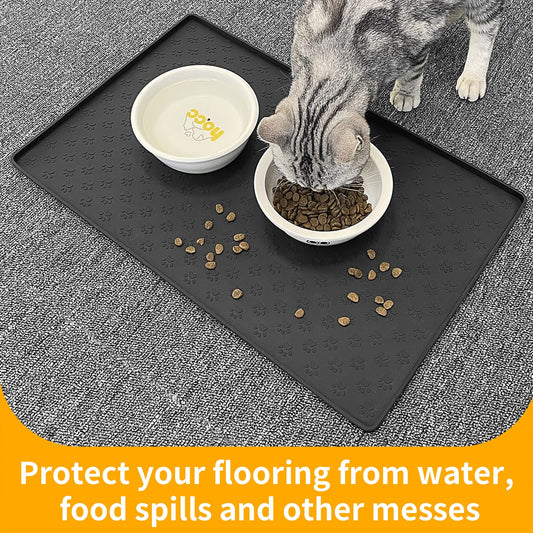 Ptlom Silicone Pet Placemat for Dog and Cat, Waterproof Anti-Slip Pet Feeding Bowl Mats for Food and Water, Small Medium Large Tray Mat Prevent Residues from Spilling to Floor, Black, 31.5" 23.6"